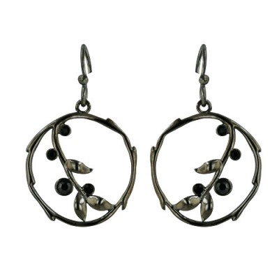 Sterling Silver Earring Leaf 20-20mm Circle with Black Crystal Rutenia P