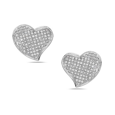 Sterling Silver Earring Stud of Heart with Clear Cubic Zirconia