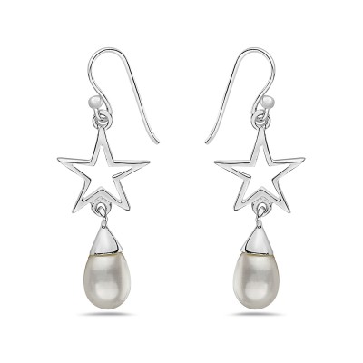 Sterling Silver Earring Open Star Hook Dangling with 7-10mm Fresh Water Pearl-