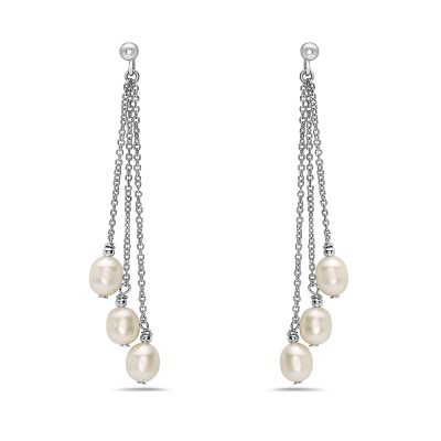 Sterling Silver Earring Three Chains with 5-7mm Fresh Water Pearl Dangling