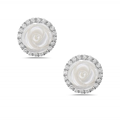 Sterling Silver Earring with 11mm Mother of Pearl Flower with Circle Clear Cubic Zirconia B
