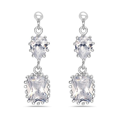Sterling Silver Earring Dangling Tear Drop+Cushion Clear Cubic Zirconia