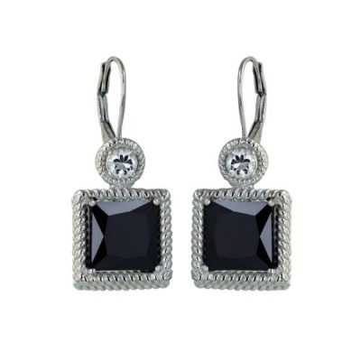 Sterling Silver Earring 9.5mm Square Black Cubic Zirconia with Twisted Bezel with 3.5M