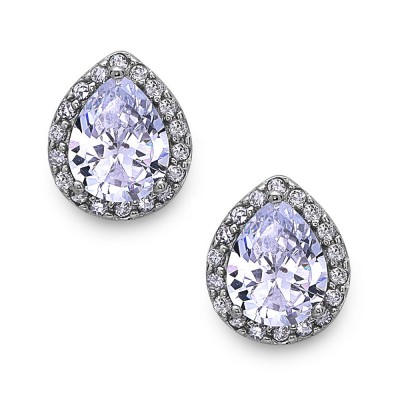 Sterling Silver Earring Stud 8mm/10.5mm T Drop Clear Cubic Zirconia Center with