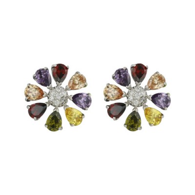 Sterling Silver Earring Multicolor-Color Cubic Zirconia 8 Petals Flower Garnet +Champagne+Citrine+Olivine