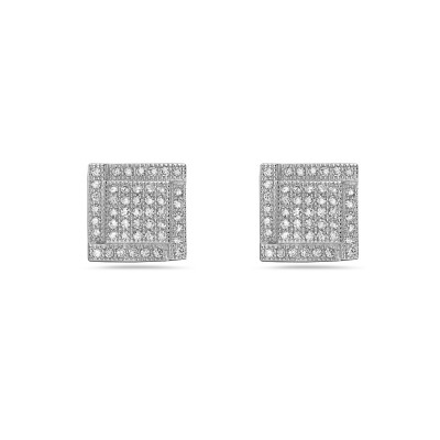Sterling Silver Earring 10.5-10.5 Square Stud with 2 Layers Clear Cubic Zirconia Pave