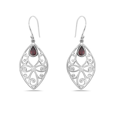 Sterling Silver Earring 18-30mm Open Marqui with Tear Drop Garnet Gem Stone