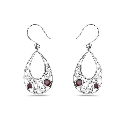 Sterling Silver Earring 17-30mm Open Tear Drop Filigree with 2 Garnet Gem St