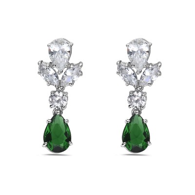 Sterling Silver Earring Green Glass Tear Drop+ Clear Cubic Zirconia Marquius