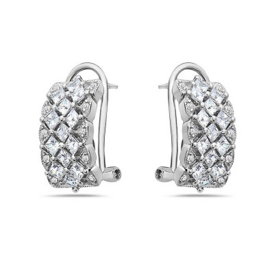 Sterling Silver Earring Half Hoop Omega Back Clear Cubic Zirconia