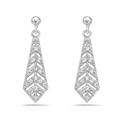 Sterling Silver Earring Tie Shape Dangle Arrow Pattern Clear Cubic Zirconia