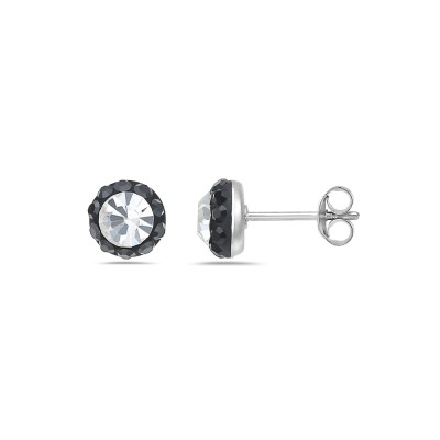 Sterling Silver Earring Round Stud with Black+Clear Cy