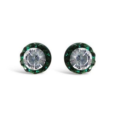 Sterling Silver Earring Round Stud with Emerald+Clear Cy
