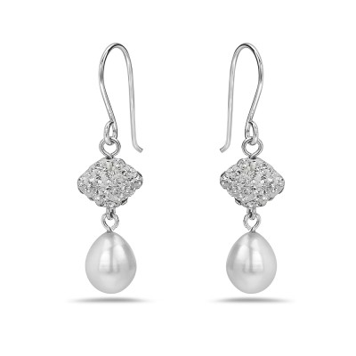 Sterling Silver Earring Clear Cy Octahedron+ Rd Fresh Water Pearl Dangle