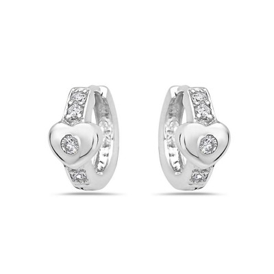 Sterling Silver Earring 15mm Clear Cubic Zirconia Huggie with Heart