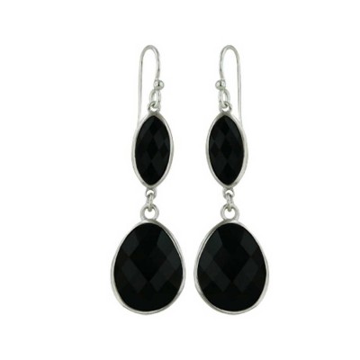 Sterling Silver Earring Hammered Marquis+Td Onyx Dangle