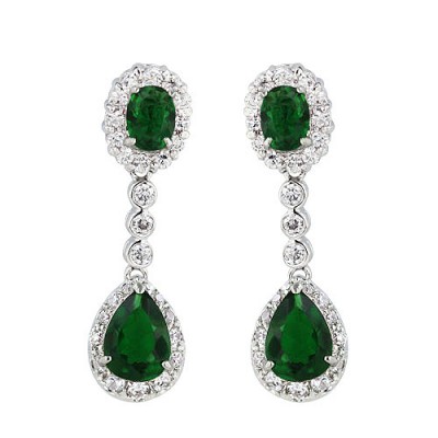 Sterling Silver Earring Oval+Teardrop Emerald Glass with Clear Cubic Zirconia