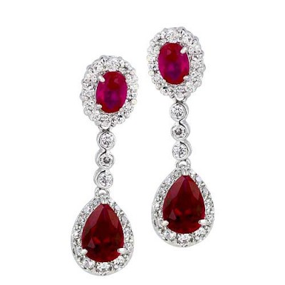 Sterling Silver Earring Oval+Teardrop Ruby with Clear Cubic Zirconia