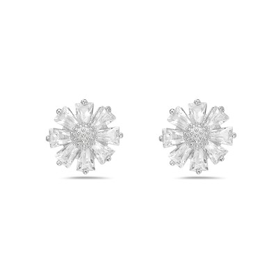 Sterling Silver Earring Baguette Flower Clear Cubic Zirconia