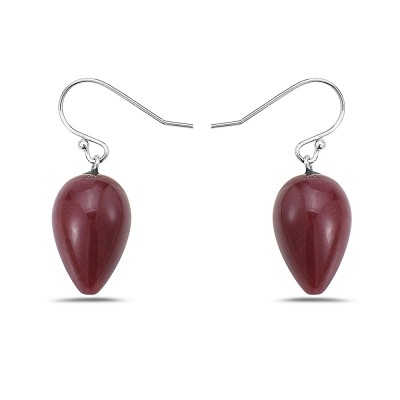 Sterling Silver EARRING WHITE JADE DYED RED INVERTED PEAR *RH*