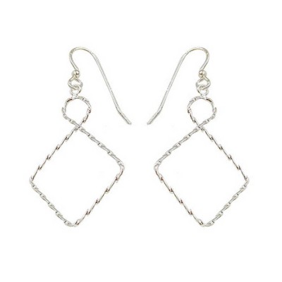 --Sterling Silver Earring Thin Twisted Circle+Daimond Shape