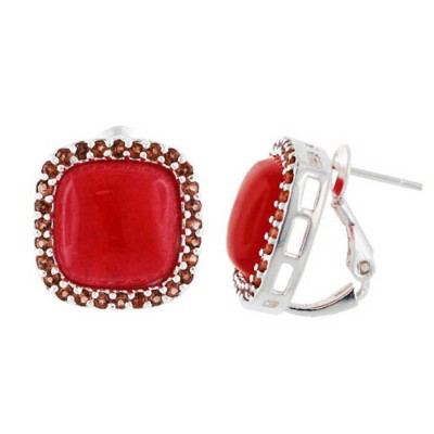 Sterling Silver Earring Red Jade Cushion with Genuine Garnet