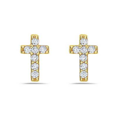 Sterling Silver Earring Clear Cubic Zirconia Cross Stud -Gold-