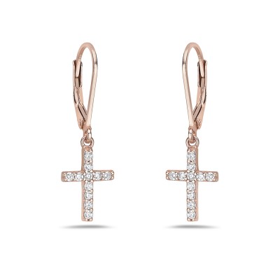 Sterling Silver Earring Clear Cubic Zirconia Cross on Leverback -Rosegold-