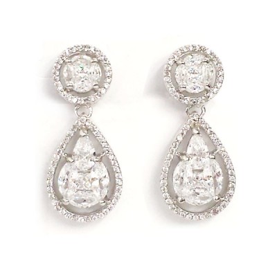 Sterling Silver Earring Clear Cubic Zirconia Tear Drop Dangle with Clear Cubic Zirconia Outline