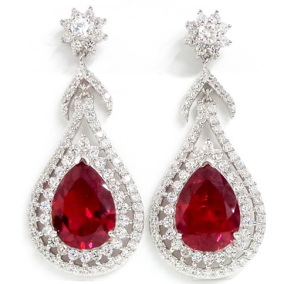 Sterling Silver Earring Ruby Tear Drop Clear Cubic Zirconia Around