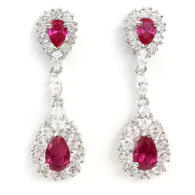 Sterling Silver Earring 2 Ruby Tear Drop with Clear Cubic Zirconia Around