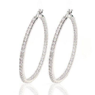 Sterling Silver Earring 40mm Hoop Clear Cubic Zirconia on Front+Inside