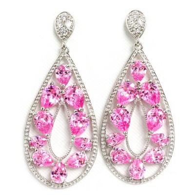 Sterling Silver Earring Open Tear Drop with Pink Cubic Zirconia T-Drops