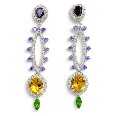 Sterling Silver Earring Tear Drop-Marquis-Oval with Multicolor Cubic Zirconia