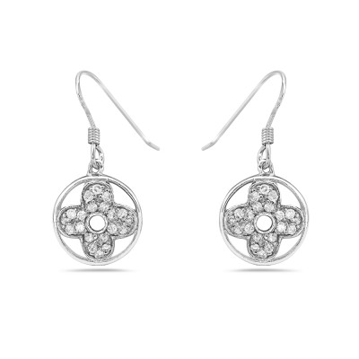 Sterling Silver EARRING PAVE TOP ROUND FLOWER MOTIF COIL WIRE