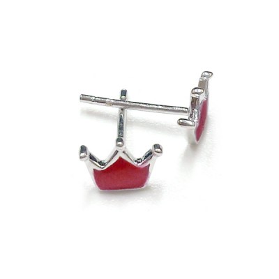 Sterling Silver Earring Small Crown Stud Red Enamel