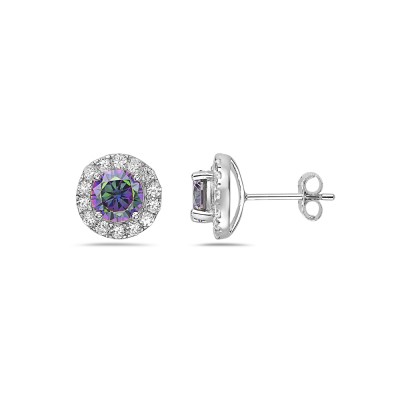 Sterling Silver Earrings 6mm Mystic Center with Clear Cubic Zirconia Stud