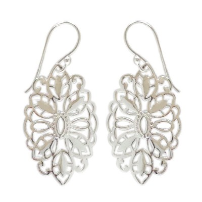 Sterling Silver Earring Plain Marquise with Leaf Filigree