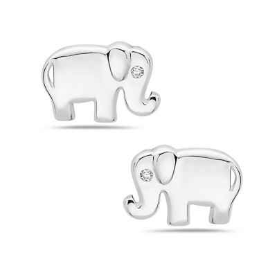 Sterling Silver Earring Plain Baby Elephant with Clear Cubic Zirconia Eye Stud