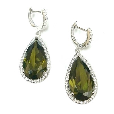 Sterling Silver Earring 21X13mm Olivine Cubic Zirconia Dangling Teardrop