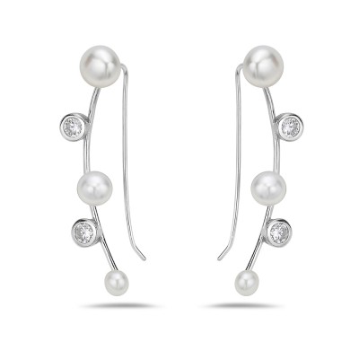 Sterling Silver Earring 7mm/6mm/4mm Fresh Water Pearl with 4mm (2) Clear Cubic Zirconia Ear Wrap