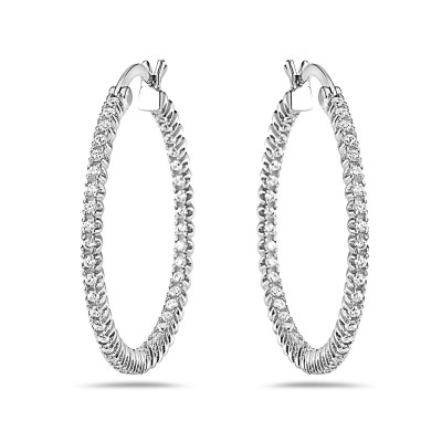 Sterling Silver Earring 32mm Half Clear Cubic Zirconia Hoop with Latch Back
