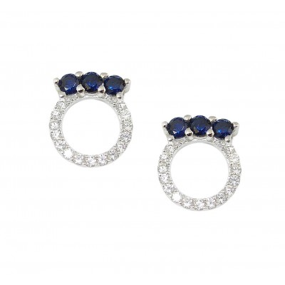 Sterling Silver Earring 3 Sapphire Gl Top of Open Clear Cubic Zirconia Circle