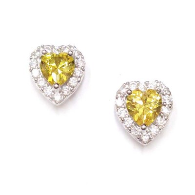 SS Earg Canary Yellow Cz Heart W/ Cl Cz Around, Multicolor