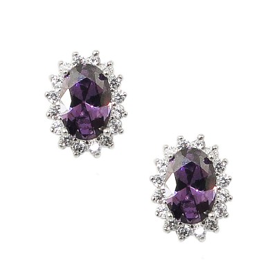 Sterling Silver Earring Oval Ame Cubic Zirconia with Round Clear Cubic Zirconia Around Stud