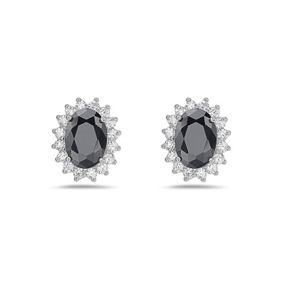 Sterling Silver Earring Oval Black Cubic Zirconia with Round Clear Cubic Zirconia Around Stud