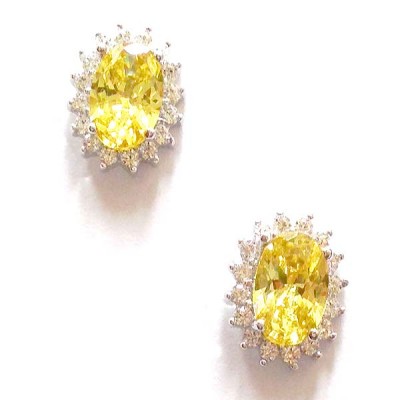 SS Earg Oval Canary Yellow Cz W/ Rd Cl Cz Ard Stud, Multicolor