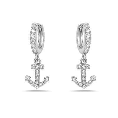 Sterling Silver Earring Clear Cubic Zirconia Dangling Anchor with Huggy Top