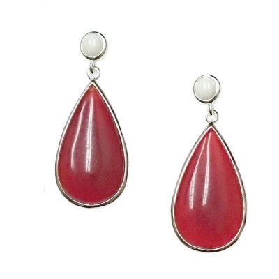 SS Earring Round White Agate Top With Carnelian, Multicolor