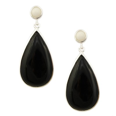 Sterling Silver Earring Round White Agate Top with Onyx Teardro